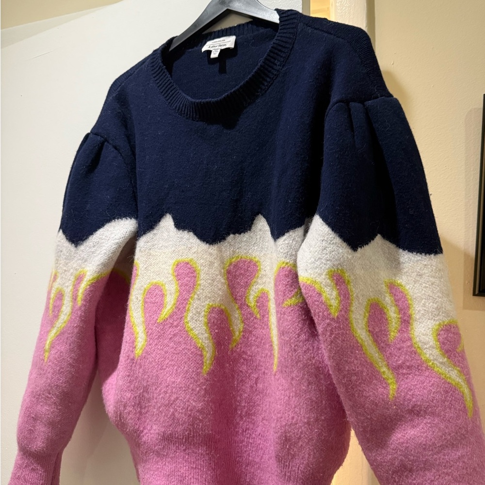 & Other Stories Navy and Pink Sweater with Yellow Flame Accents, size M